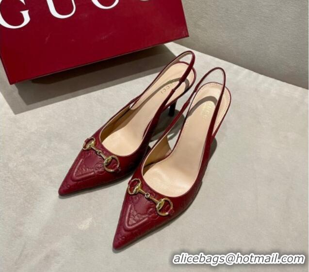 Best Product Gucci GG Leather Slingback Pumps 10.5cm with Horsebit 782627 Burgundy 1119031