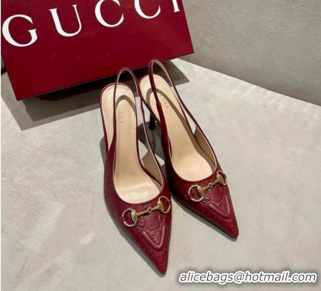 Best Product Gucci GG Leather Slingback Pumps 10.5cm with Horsebit 782627 Burgundy 1119031