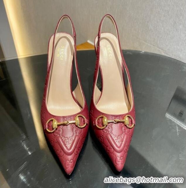 Best Product Gucci GG Leather Slingback Pumps 10.5cm with Horsebit 782627 Burgundy 1119031