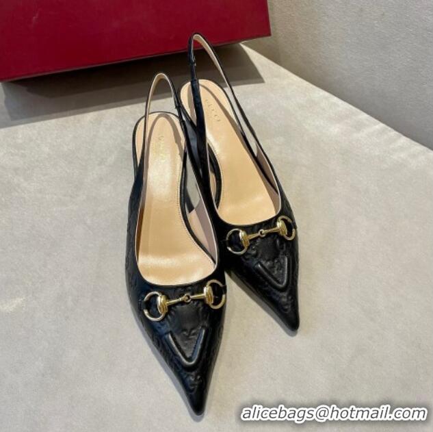 Sophisticated Gucci GG Leather Slingback Pumps 4.5cm with Horsebit 782627 Black 1119032