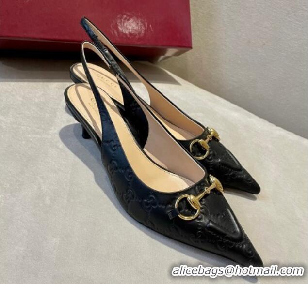 Sophisticated Gucci GG Leather Slingback Pumps 4.5cm with Horsebit 782627 Black 1119032