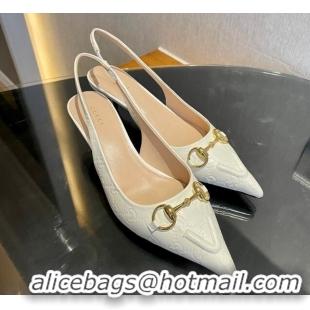 Duplicate Gucci GG Leather Slingback Pumps 4.5cm with Horsebit 782627 White 1119033