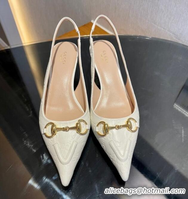 Duplicate Gucci GG Leather Slingback Pumps 4.5cm with Horsebit 782627 White 1119033