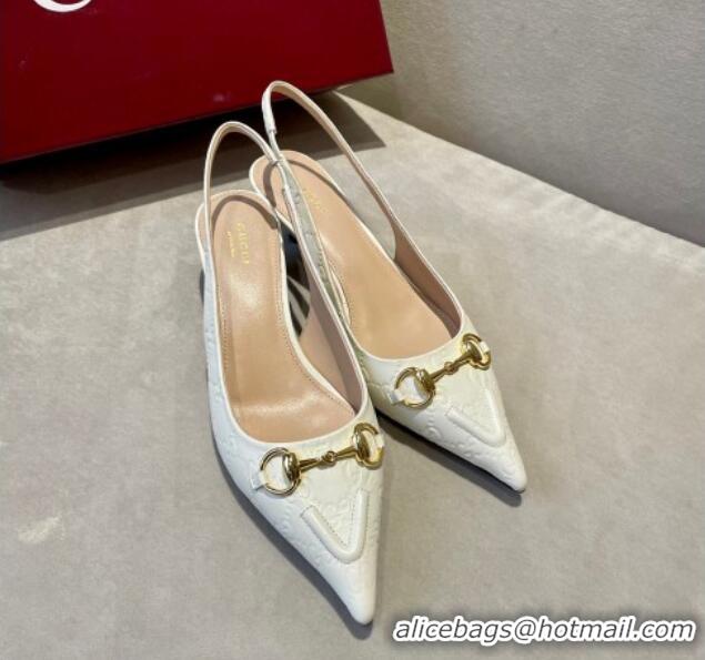 Duplicate Gucci GG Leather Slingback Pumps 4.5cm with Horsebit 782627 White 1119033