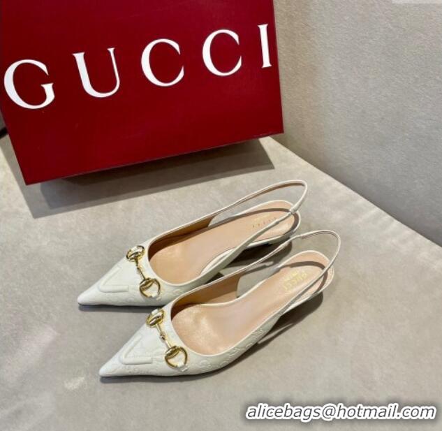 Duplicate Gucci GG Leather Slingback Pumps 4.5cm with Horsebit 782627 White 1119033