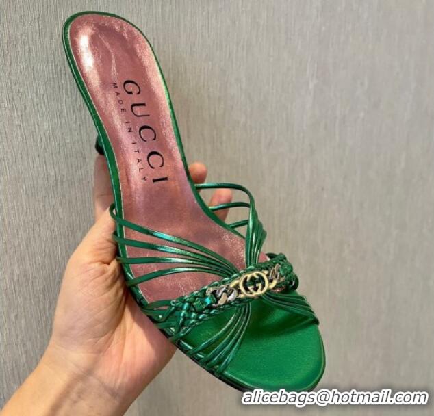 Stylish Gucci Lambskin Heel Slides Sandal 6.5cm with GG Chain Green 1119035