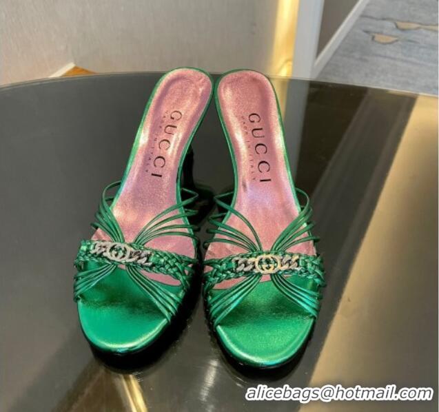 Stylish Gucci Lambskin Heel Slides Sandal 6.5cm with GG Chain Green 1119035