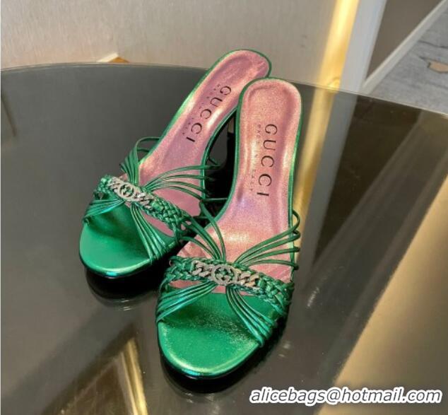 Stylish Gucci Lambskin Heel Slides Sandal 6.5cm with GG Chain Green 1119035