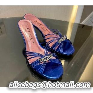 Perfect Gucci Lambskin Heel Slides Sandal 6.5cm with GG Chain Blue 119036