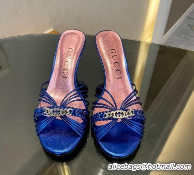 Perfect Gucci Lambskin Heel Slides Sandal 6.5cm with GG Chain Blue 119036