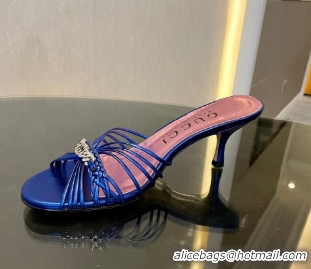 Perfect Gucci Lambskin Heel Slides Sandal 6.5cm with GG Chain Blue 119036