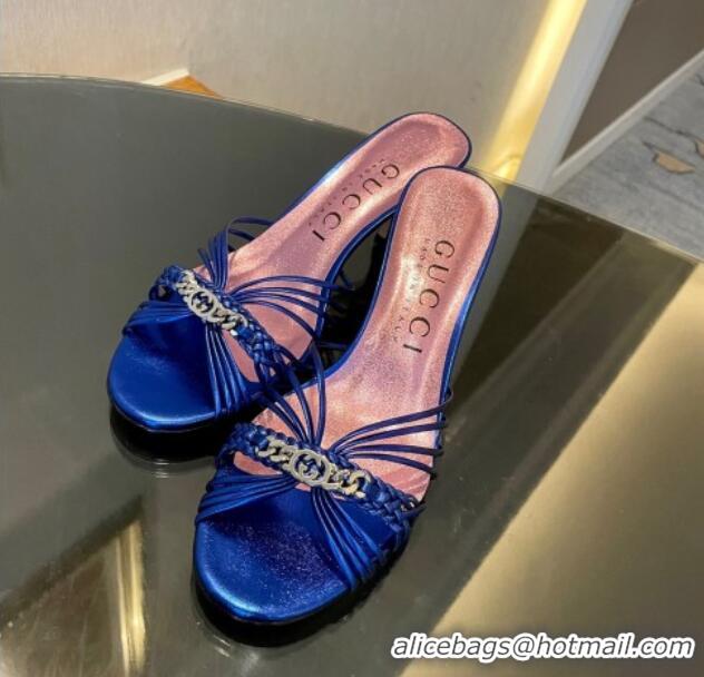 Perfect Gucci Lambskin Heel Slides Sandal 6.5cm with GG Chain Blue 119036