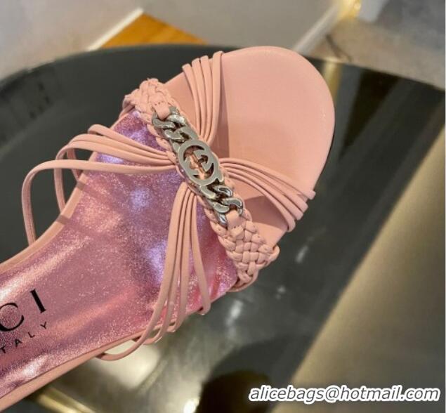 Buy Luxury Gucci Lambskin Heel Slides Sandal 6.5cm with GG Chain Light Pink 1119037