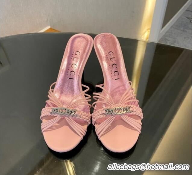 Buy Luxury Gucci Lambskin Heel Slides Sandal 6.5cm with GG Chain Light Pink 1119037