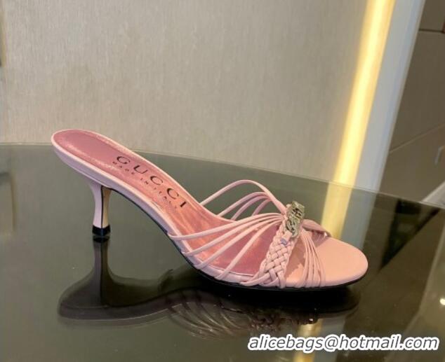 Buy Luxury Gucci Lambskin Heel Slides Sandal 6.5cm with GG Chain Light Pink 1119037