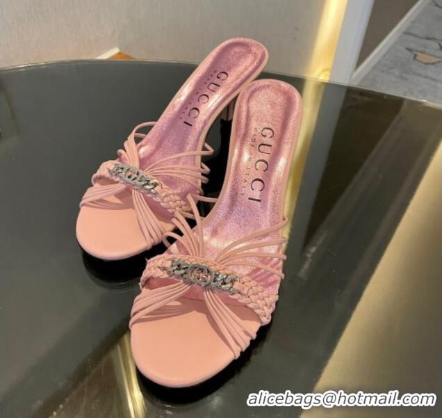 Buy Luxury Gucci Lambskin Heel Slides Sandal 6.5cm with GG Chain Light Pink 1119037