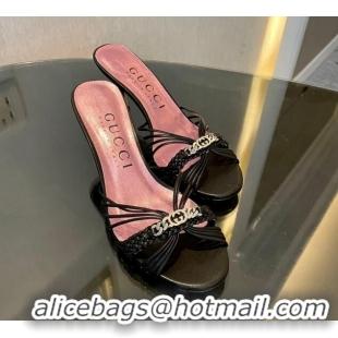 Durable Gucci Lambskin Heel Slides Sandal 6.5cm with GG Chain Black 1119038