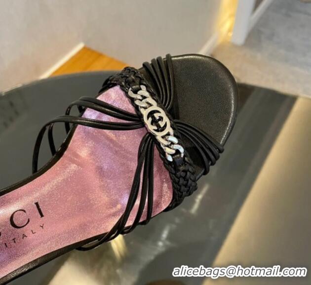 Durable Gucci Lambskin Heel Slides Sandal 6.5cm with GG Chain Black 1119038