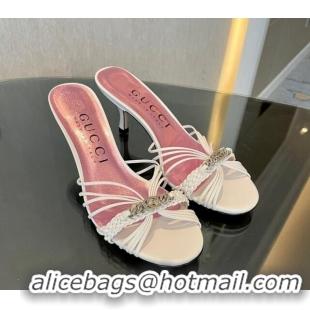 Low Cost Gucci Lambskin Heel Slides Sandal 6.5cm with GG Chain White 1119039