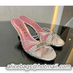 Luxury Cheap Gucci Lambskin Heel Slides Sandal 6.5cm with GG Chain Silver 1119041