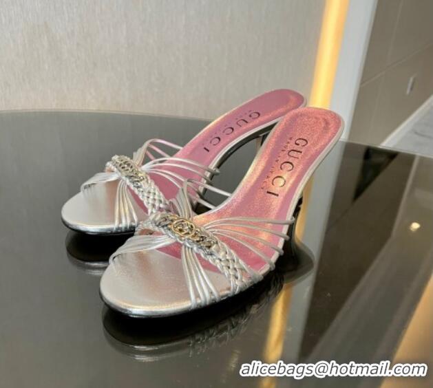 Luxury Cheap Gucci Lambskin Heel Slides Sandal 6.5cm with GG Chain Silver 1119041