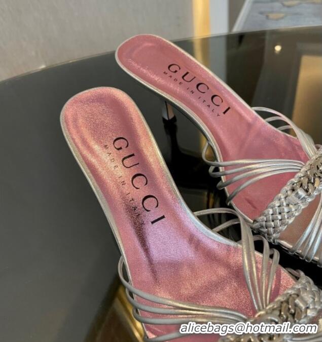 Luxury Cheap Gucci Lambskin Heel Slides Sandal 6.5cm with GG Chain Silver 1119041