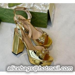 Cheap Price Gucci Leather Horsebit High Heel Platform Sandals 11cm Gold 1119043