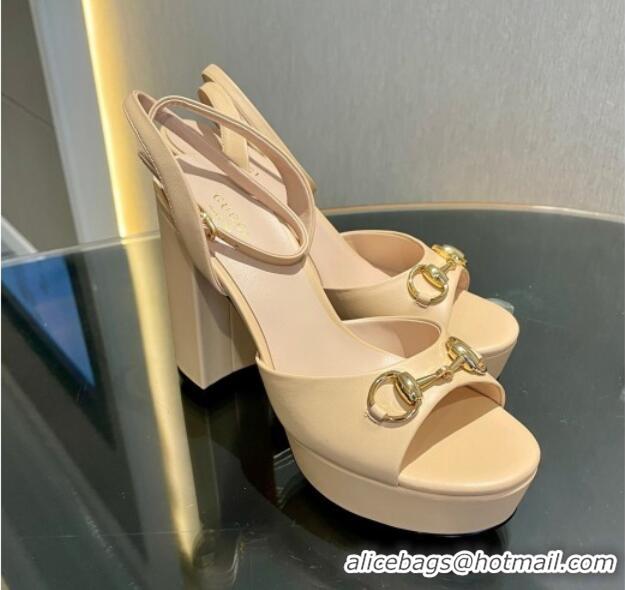 1:1 Gucci Leather Horsebit High Heel Platform Sandals 11cm Beige 1119045