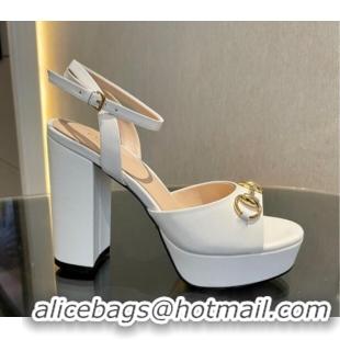 Top Design Gucci Leather Horsebit High Heel Platform Sandals 11cm White 1119046