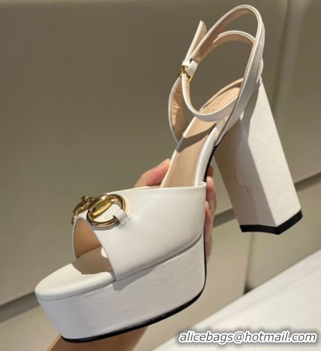 Top Design Gucci Leather Horsebit High Heel Platform Sandals 11cm White 1119046