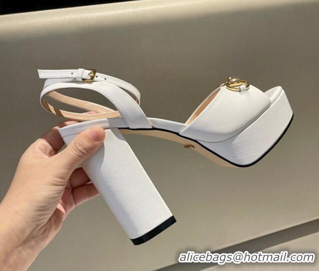 Top Design Gucci Leather Horsebit High Heel Platform Sandals 11cm White 1119046