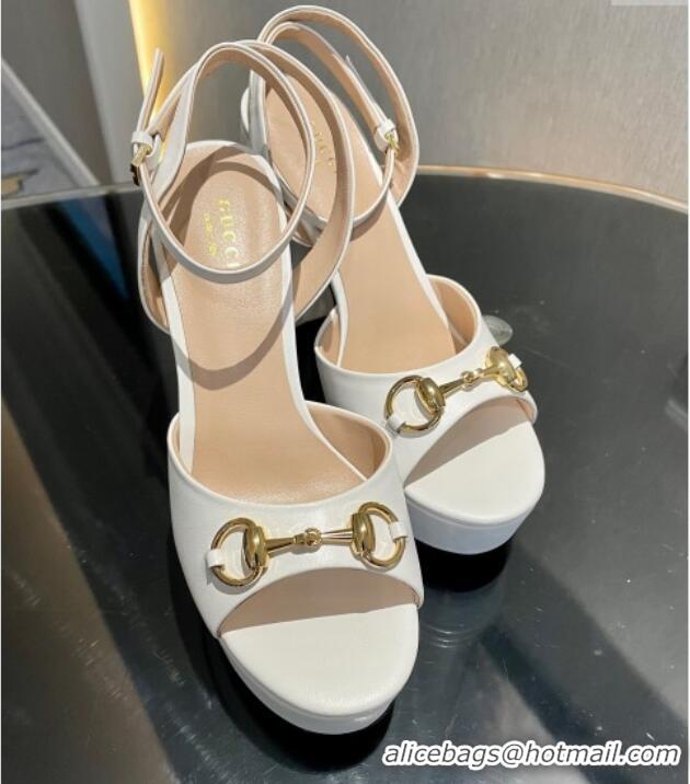 Top Design Gucci Leather Horsebit High Heel Platform Sandals 11cm White 1119046