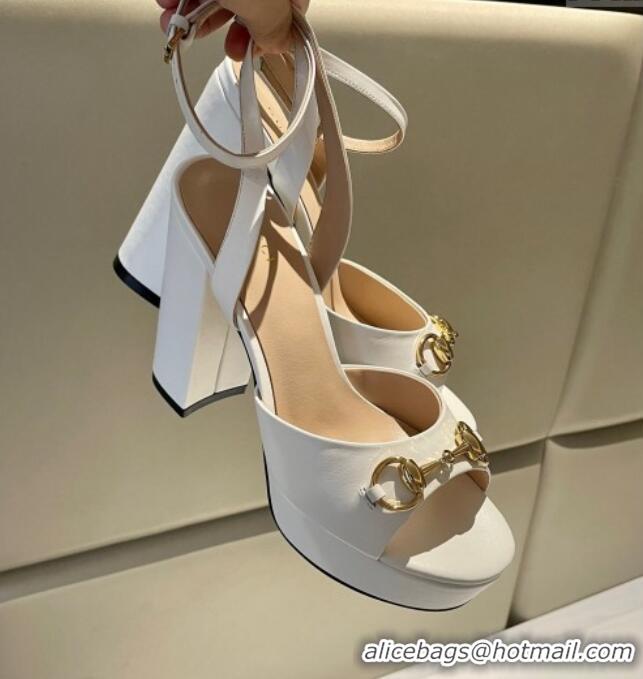 Top Design Gucci Leather Horsebit High Heel Platform Sandals 11cm White 1119046