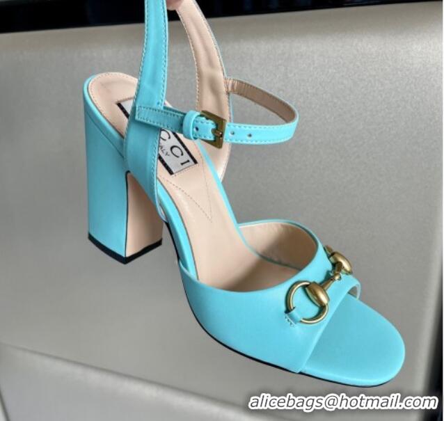 Big Discount Gucci Leather Horsebit High Heel Platform Sandals 8.5cm Blue 1119048