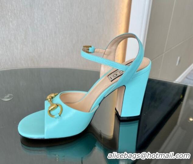 Big Discount Gucci Leather Horsebit High Heel Platform Sandals 8.5cm Blue 1119048