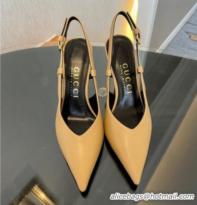 Luxurious Gucci Leather Slingback Pumps 8.5cm with Gold-Tone Heel Beige 1119050