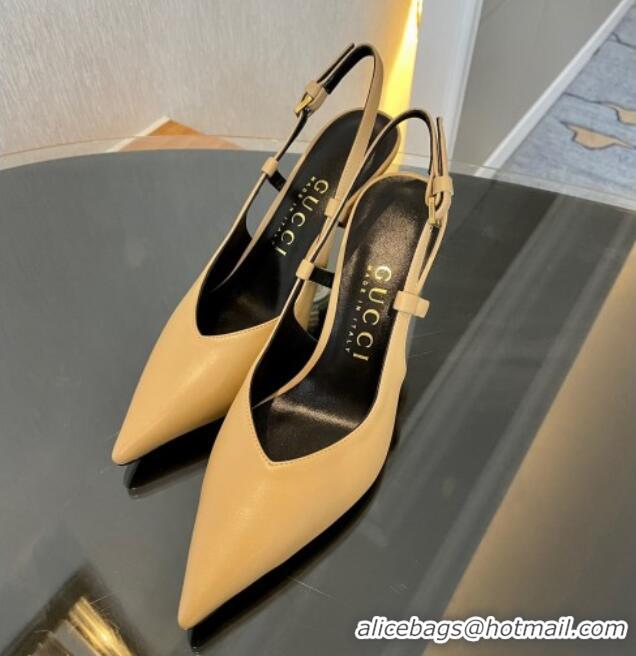 Luxurious Gucci Leather Slingback Pumps 8.5cm with Gold-Tone Heel Beige 1119050