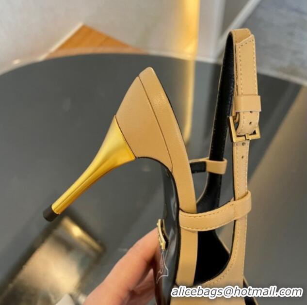 Luxurious Gucci Leather Slingback Pumps 8.5cm with Gold-Tone Heel Beige 1119050