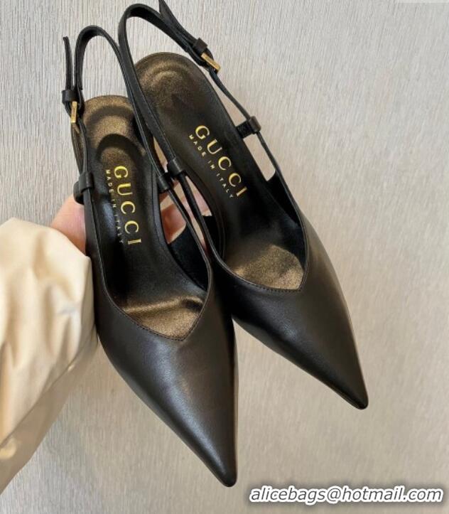 Stylish Gucci Leather Slingback Pumps 8.5cm with Gold-Tone Heel Black 119051