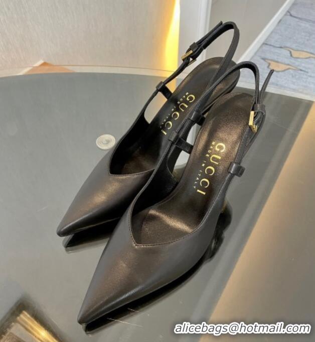 Stylish Gucci Leather Slingback Pumps 8.5cm with Gold-Tone Heel Black 119051