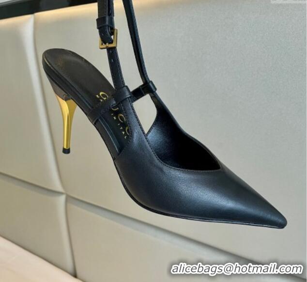 Stylish Gucci Leather Slingback Pumps 8.5cm with Gold-Tone Heel Black 119051