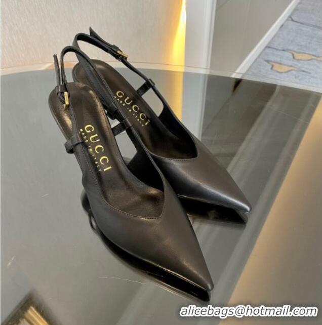 Stylish Gucci Leather Slingback Pumps 8.5cm with Gold-Tone Heel Black 119051