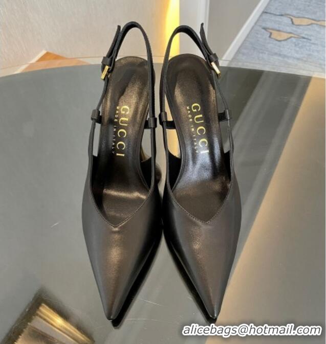 Stylish Gucci Leather Slingback Pumps 8.5cm with Gold-Tone Heel Black 119051