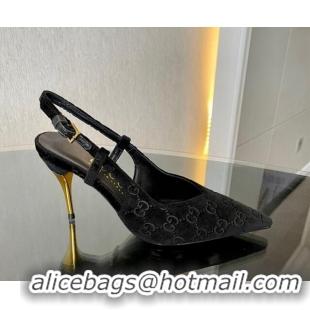 Sophisticated Gucci GG Velvet Slingback Pumps 8.5cm with Gold-Tone Heel Black 1119052 