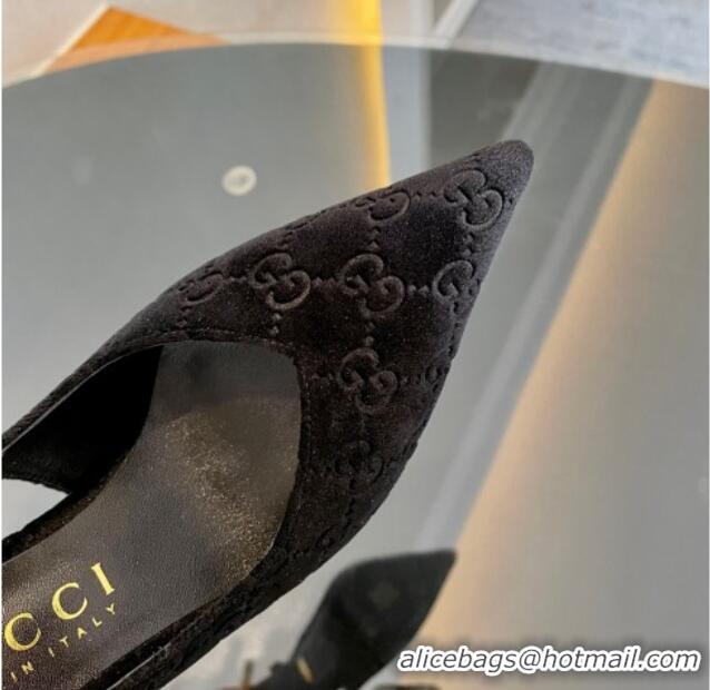 Sophisticated Gucci GG Velvet Slingback Pumps 8.5cm with Gold-Tone Heel Black 1119052 