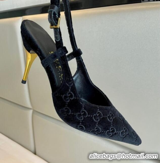 Sophisticated Gucci GG Velvet Slingback Pumps 8.5cm with Gold-Tone Heel Black 1119052 