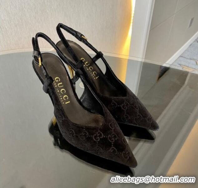 Sophisticated Gucci GG Velvet Slingback Pumps 8.5cm with Gold-Tone Heel Black 1119052 