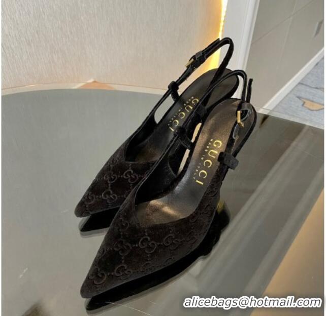 Sophisticated Gucci GG Velvet Slingback Pumps 8.5cm with Gold-Tone Heel Black 1119052 