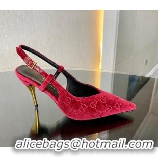 Grade Gucci GG Velvet Slingback Pumps 8.5cm with Gold-Tone Heel Red 1119053