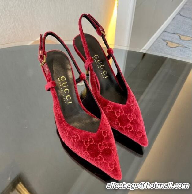 Grade Gucci GG Velvet Slingback Pumps 8.5cm with Gold-Tone Heel Red 1119053